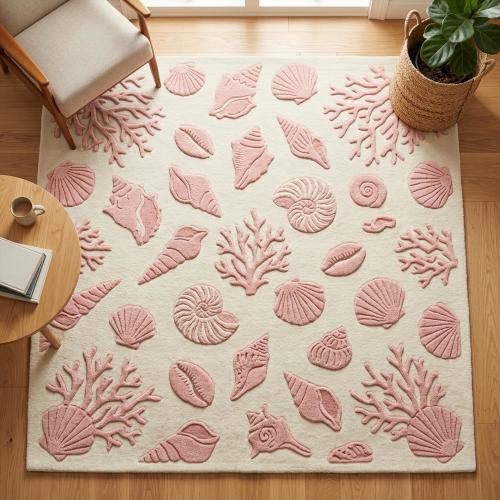 Pink Seashell Wool Rug, Ivory Abstract Tufted Coastal Area Rug