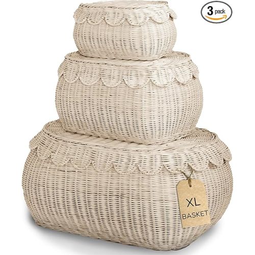 BEBE BASK Large Scalloped Basket Set Of 3 - Hand-Woven & Award-Winning Scallop Basket - XL - Extra Large for Blankets 22 x 16 x 10 In - Elegant Wicker With Scalloped Edge Lid (Natural)