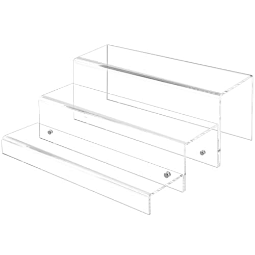 JUESHA 3 Tiers Bar Shelves for Liquor Bottles, 15" Bar Organizer for Countertop, Clear Acrylic Risers Display Racks Stands for Figures Pops Cupcake Perfume Collections (Patent: D1076520S)