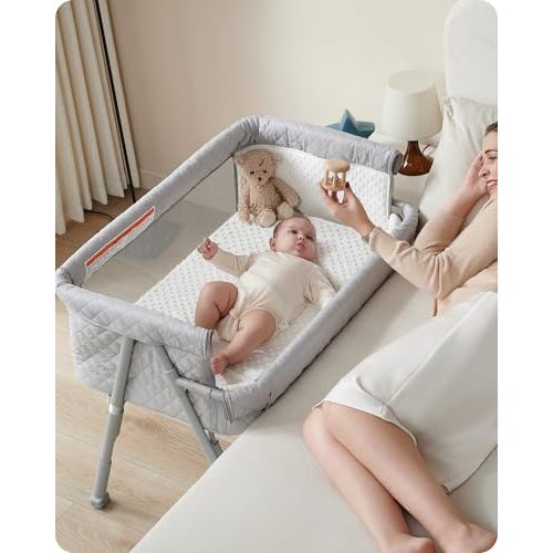 AirClub Bassinet Bedside Sleeper, Baby Crib for Newborn, Baby Bassinets Bedside Sleeper with 4 Auto-Lock & Adjustable Height, Breathable Mesh & Mattress, Bedside Bassinet