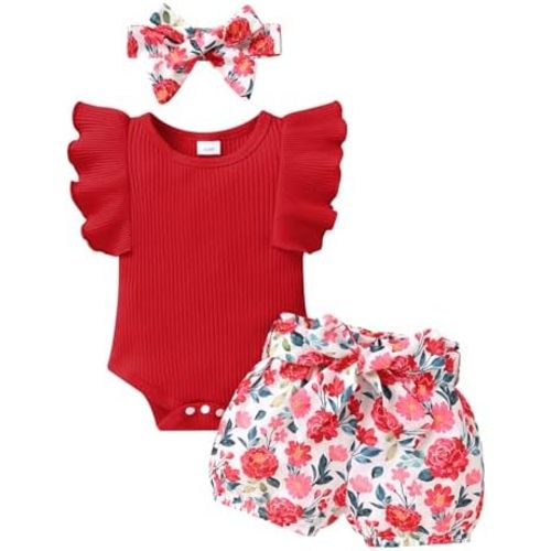 Tiny Cutey Baby Girl Clothes Infant Summer Outfits Set Ruffle Sleeve Romper and Floral Shorts with Headband
