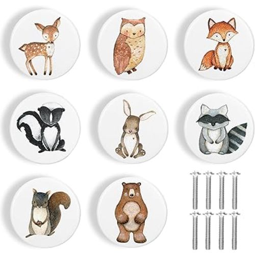 Whaline 8Pcs Wooden Animal Cabinet Knobs with Screws White Woodland Animal Dresser Knobs Natural Wood Furniture Knobs for Nursery Drawer Handles Room Cabinet Pulls Decor