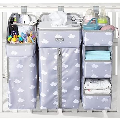 Orzbow XL Hanging Diaper Caddy Organizer for Baby Essentials, Removable 3 in 1 Diaper Stacker, Changing Table Organizer for Crib, Playard, Wall, Multi-Compartments, Two Hang Ways, Grey Cloud