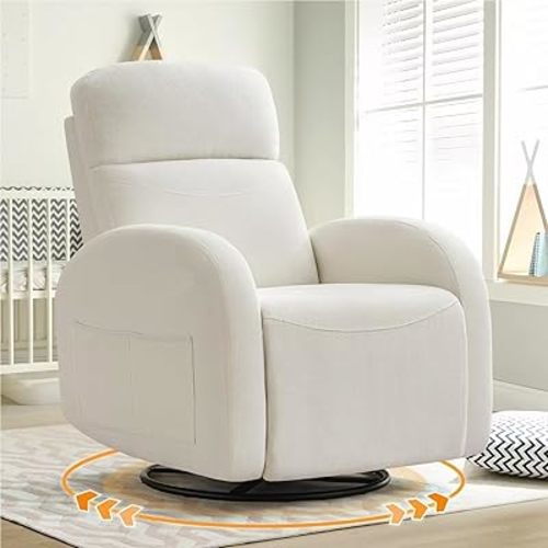 Swivel Recliner Rocker Nursery, Chenille Nursering Glider Recliner, Manual Swivel Rocking Reclining with Double Pockets for Living Room, Cream White