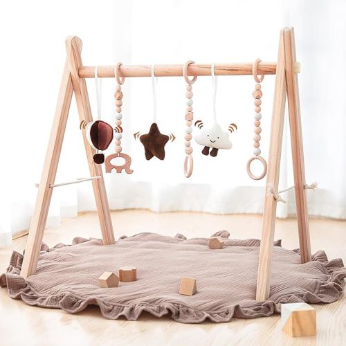 Razee Wooden Baby Play Gym Play Mat, Foldable Baby Gym with 6 Hanging Sensory Toys