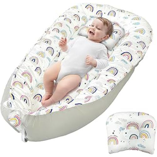 JIFTOK Baby Nests Lounger for Newborn, Snuggle Sleeping Bassinet for 0-24M, Breathable Portable Co Sleeping Bed, Baby Essentials Adjustable Infant Soft Cotton Loungers for Home & Travel -Rainbow