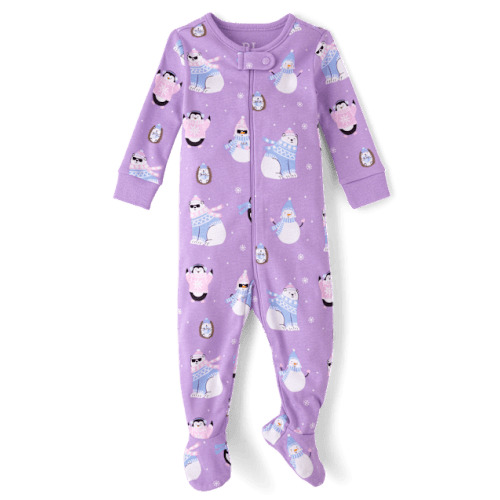 Baby And Toddler Girls Winter Critter Snug Fit Cotton Footed One Piece Pajamas - Purple