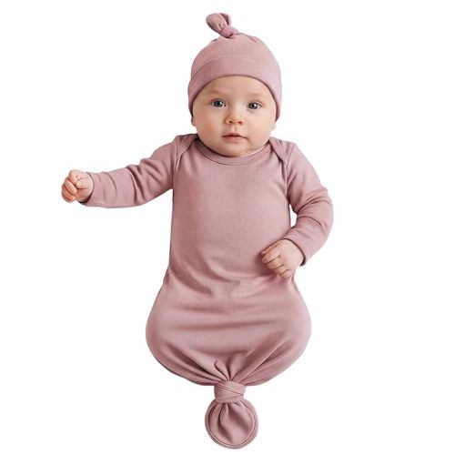 Newborn Knotted Baby Gown 0-6 Months, Super Soft Breathable Nightgowns for Babies Girl and Boy, Baby Girls Coming Home Hospital Outfit with Hat Set Pink