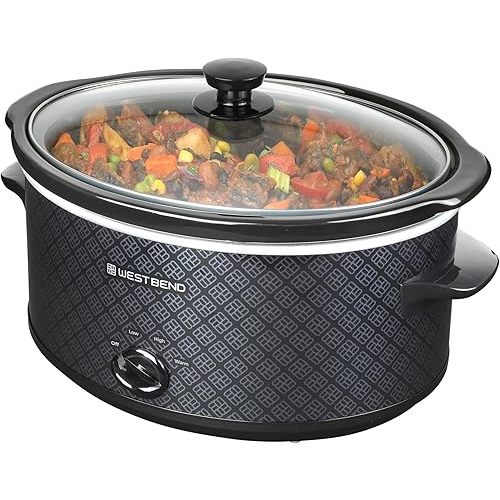 West Bend Slow Cooker 6-Quart Manual Crockery Style with Dishwasher Safe Oval Ceramic Crockpot and Glass Lid Two Temperature Settings Plus Keep Warm, 330-Watts, Black