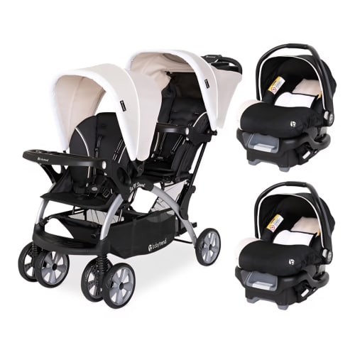 Baby Trend Infant and Toddler Double Stroller & 2 Car Seat Combo, 3 Pc Set, Khaki - Portable and Lightweight Stroller Duo and Car Seat Travel System Tandem