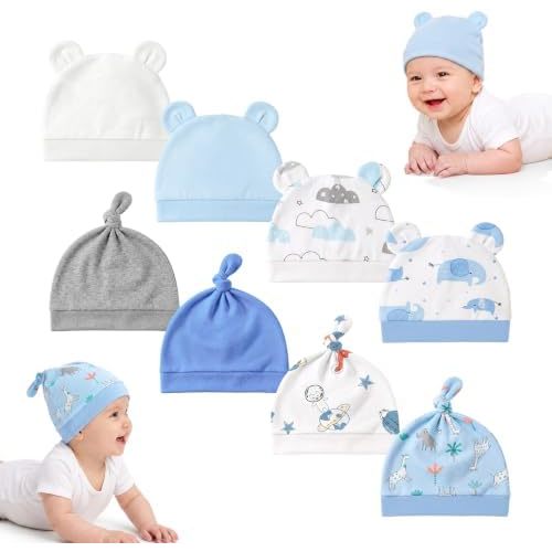 8 Pack Baby Newborn Hats, Baby Boy Girl Bear Ears Knot Caps for 0-6 months