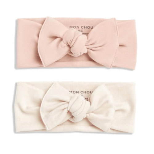 MON CHOU Adjustable Baby Headbands - Set of 2 Organic Cotton Headbands for Baby Girls - Ultra Soft, 100% Pima Cotton Infant Hair Bows (Ivory & Bloom)