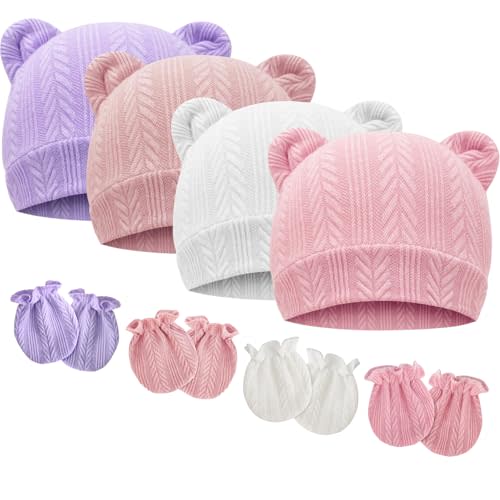 BQUBO Newborn Baby Hats Bear Ears and Mittens Sets Preemie Caps Baby Boy Girl Infant Hospital Beanie for 0-3 Months