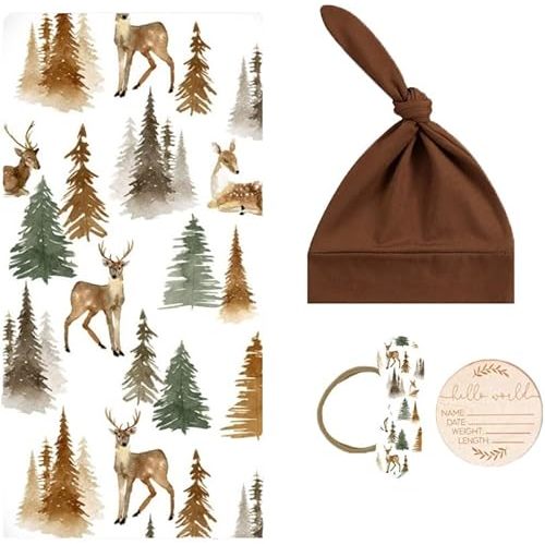 Newborn Swaddle Blanket 4 Pcs Set, Floral Print Super Soft Receiving Blanket with Matching Headband and Beanie, Wooden Birth Announcement Card for Infant Boys and Girls, Deer