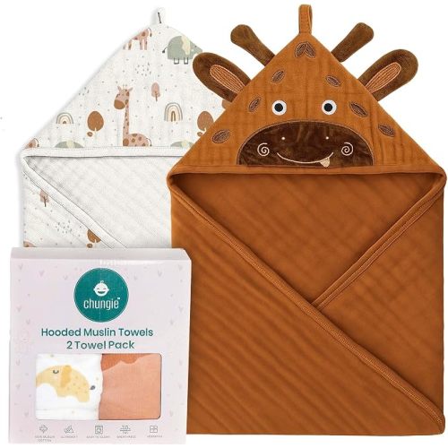 Chungie Soft Muslin Hooded Baby Towels 32x32 inches – 100% Cotton, 6-Layer Breathable Newborn Bath Towels with Hood, Pack of 2 (Printed + Embroidered)