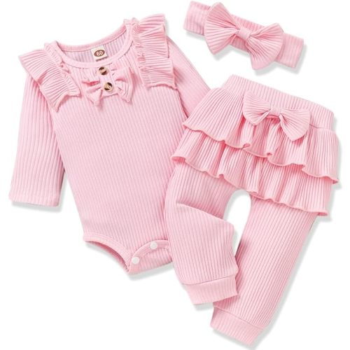 Aalizzwell Preemie Newborn Infant Baby Girls Clothes Ribbed Bodysuit Pants Set Fall Winter Outfits