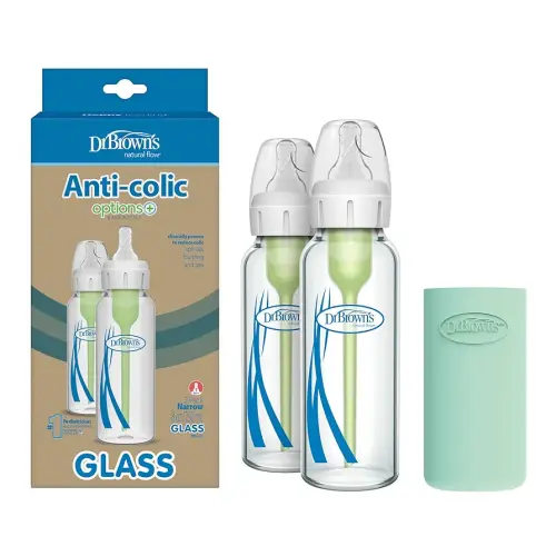 Dr. Brown's Natural Flow Anti-Colic Options+ Narrow Glass Baby Bottle 8 oz/250 mL 2 Pack with Level 1 Slow Flow Nipple and Silicone Sleeves for Glass Bottles, Mint