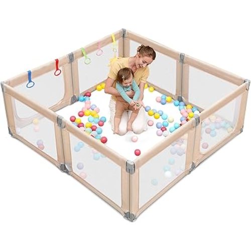 Dripex Portable Folding Playpen, 71"×69" Large Baby Playpen, Indoor & Outdoor Safety Gate Collapsible Play Pen, Baby Fence Play Area with Visible Mesh, Khaki