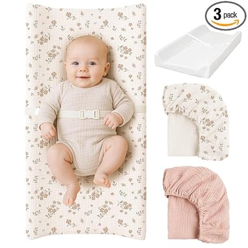 Konssy Muslin Changing Pad with Waterproof Lining Foam, Includes 2 Pack Soft & Cotton Cover, Baby Diaper Changing Pad for Dresser or Table, 32x16 inches (Blossom,Pink)