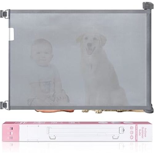 Babepai Retractable Baby Gates for Stairs, Dog Gates for Doorways, Mesh Baby Gate Extends to 72" Wide 34" Tall, Pet Gate Indoor Use for Hallways, Porch, Patio, Outdoor - Gray