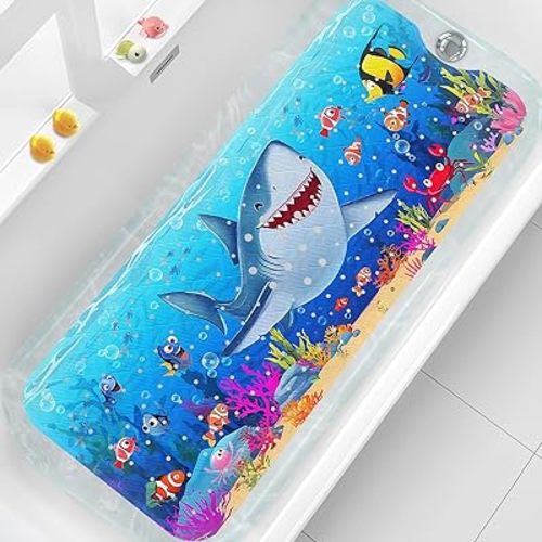 XIYUNTE Baby Bath Mat for Tub Non Slip Kids Bath Mat - 40''x16'' Extra Long Cartoon Shark Baby Bath Tub Mat Eco-Friendly Toddler Bath Mats with Suction Cups & Drain Holes, Easy to Clean & Easy Drying
