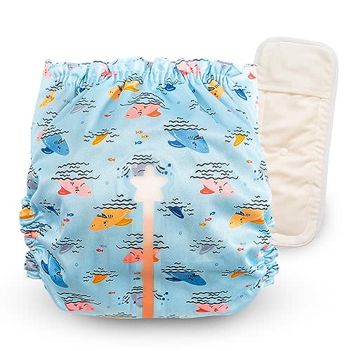 Reusable Cloth Diapers with Wetness Indicator, Swim Diaper, 1 Waterproof Skin Friendly Covers＆Insert One Size Adjustable Washable Diapers for Newborns, Baby (11-33 pounds, 0-3 Years, Shark)