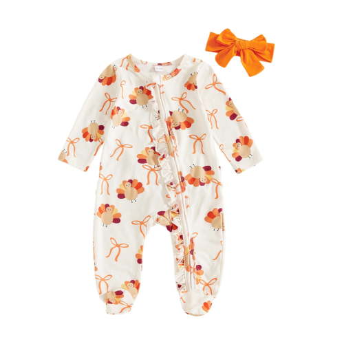 WhouRiu Newborn Girls' Thanksgiving Outfits Turkey Print Zip Up Foot Romper with Headband Infant Cute Soft Loose Bodysuit Outfits White,Sized newborn