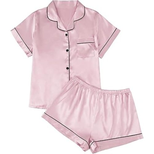 LILLUSORY - Ensemble de pyjama en satin de soie pour femme, 2 pièces, vêtements de détente avec shorts assortis, chemise boutonnée pour l'été, tailles S à XXL