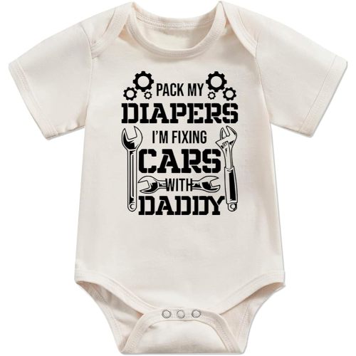 pleastee Newborn Boy Girl Bodysuit Pack My Diapers I'm Fixing Cars with Daddy Short Sleeve Baby Romper Red Infant Heart Infants One Piece Clothes Beige 0 3 Months