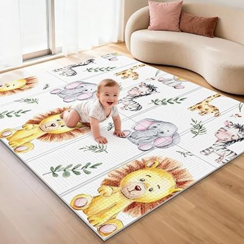 noonkty 71x59 Baby Play Mat for Floor, Foldable and Foam Babies Activity Tummy Time Playmat, Waterproof & Anti-Slip Crawling Mats, Kids Non Toxic Foam Thick Play Mat for Baby, Toddlers,Lion,71x59