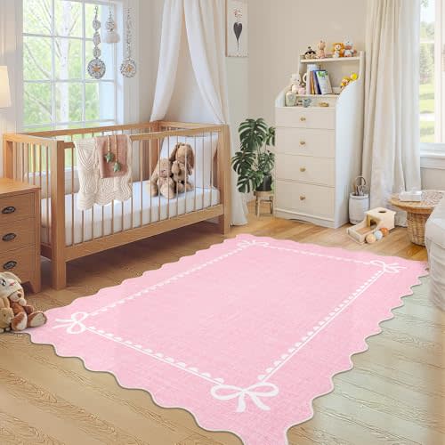 GarveeHome Scalloped Bow Rug 3x5 Washable Pink Rugs for Bedroom Living Room | Non Slip Soft Low Pile Indoor Carpet for Nursery Girls Bedroom Decor Hallway Kids Room College Dorm Playroom