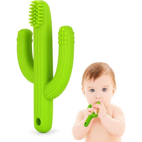 Cactus Teether, Baby Teething Toys for Babies 0-6 Months 6-12 Months, Self-Soothing Pain Relief Soft Baby Toothbrush for Babies, Toddlers, Infants, Boy and Girl, Natural Organic BPA Free(Green)