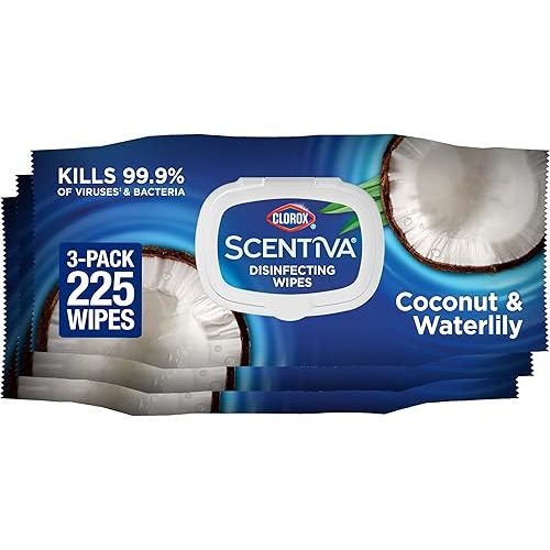 Clorox Scentiva Disinfecting Wipes, Coconut and Waterlily, 75 Count, Pack of 3 (Package May Vary)