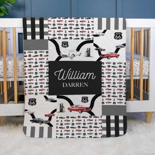 Classic Car Baby Quilt, Personalized Baby Muscle Car Quilt, Optional Bundle with Sign, Classic Car Quilted Blanket, Muscle Car Nursery, T83