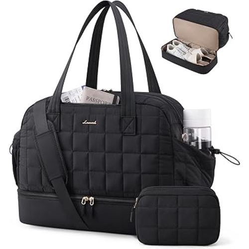 LOVEVOOK Large Travel Duffle Bag, Women's Weekender & Overnight Bag with Shoe Compartment, Airplane Carry On, Machine Washable, Lightweight, Utility Style, Black
