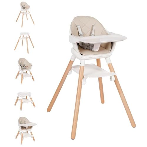 High Chair, 6 in 1 Wooden Convertible High Chairs for Babies and Toddlers, Booster Seat with Double Tray & Reversible Footrest Baby Highchair, 5-Point Harness Baby Feeding Chair, Beige