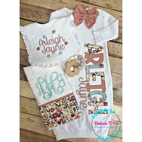Boho Wildflower Rose gift set for baby girl - Gown with name, monogrammed bib/burp, 2 bow headbands - Earthy Botanical - personalized