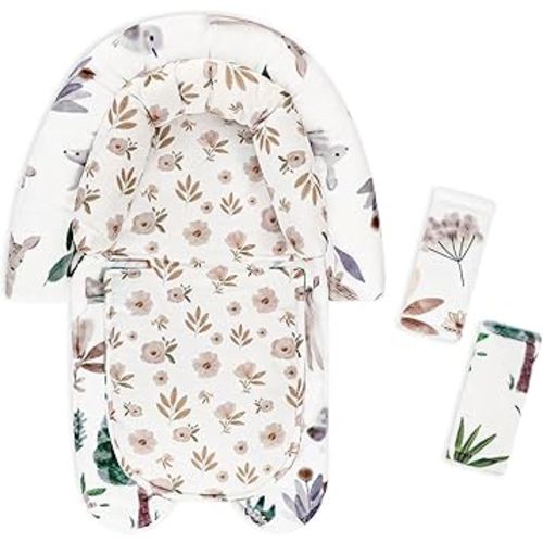 Baby Car Seat Head Support & Strap Covers, Upgraded 2-in-1 Infant Car Seat Insert Cushion for Newborn Girls, Perfect for Carseat, Stroller, Swing, Extra Soft, White Animals