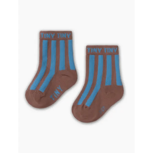 TINY COTTONS Stripes Medium Baby Socks in Brown/Sky Blue Stripes