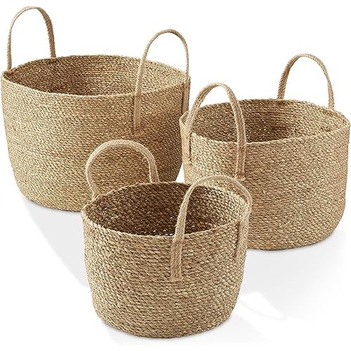Casafield Set of 3 Braided Seagrass Baskets with Jute Handles - Natural, Woven Storage Basket Planters, Boho Decor for Entryway, Living Room, Bedroom