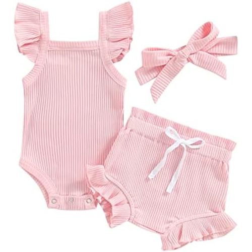 3pcs Toddler Girls Summer Outfits Ribbed Halter Crop Top Romper Bodysuit +Floral Bloomer Shorts+Headband Clothes Set