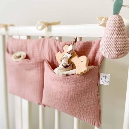 Cotton Baby Bedside Hanging Storage Bag,2 Pockets Organizer for Baby Cribs and Toys (Pink)