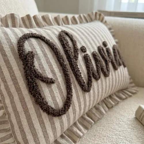 Personalized Striped Ruffled Pillow Cover, Custom Name Embroidery Cushion