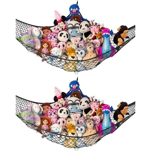 Stuffed Animal Hammock 2 Pack | Corner Stuffed Animal Storage & Plushie Net | Toy Hammock for Stuffed Animals | Holds 12lbs | Easy Hang, All Hardware Included | Black Bedroom Decor | by Lilly's Love