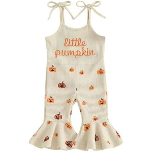 Baby Girl Halloween Outfit Boo Ribbed Toddler Romper Overalls Jumpsuit Spaghetti Strap Ghost Bell Bottoms Outfits