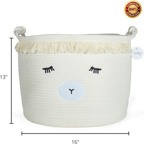 Woven Cotton Rope Baby Basket with Lamb Design 16 × 13 in Nursery Storage Bin and Toy Blanket Organizer