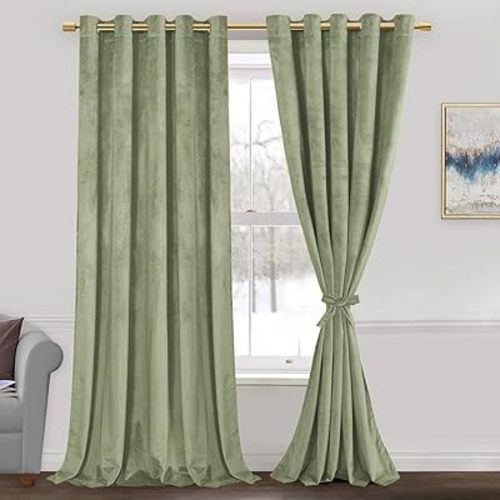 JIUZHEN Sage Green Velvet Curtains 96 inch, Room Darkening Smooth Hand-Feeling Curtains Thermal Insulated Privacy Protection for Parlor Nursery Living Room/Bedroom, Black, 2 Panel with Tiebacks
