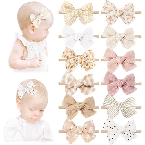 Niceye Handmade Hair Accessories: 12 Packs of Stretchy Nylon Headbands and Bows for Newborns, Infants, Toddler Girls