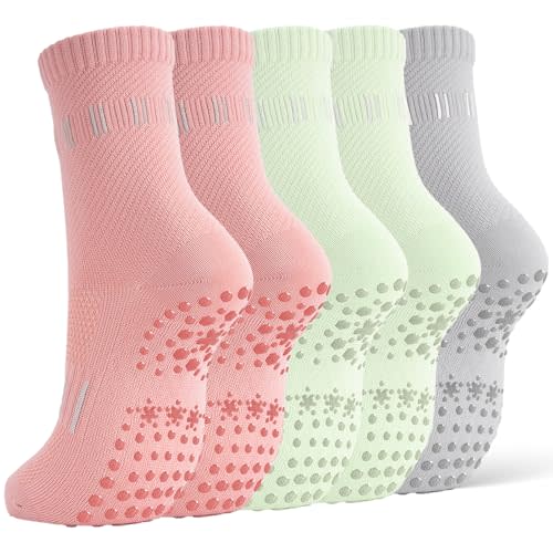 5 Pairs Pilates Socks Yoga Crew Socks with Grips for Women Non Slip | Ballet Sticky Socks With Bottom Grippers for Studio Reformer Workout & Barre, Dance, Home or Hospital