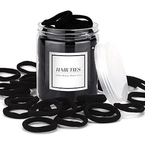 50PCS Black Hair Ties,Cotton Seamless Ponytail Holders,No Damage Elastics Hair Bands for Thick Heavy &Curly Hair